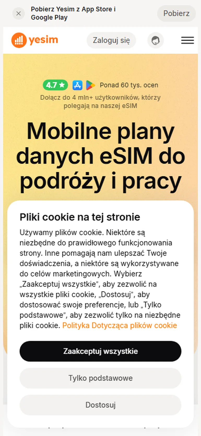 Yesim eSIM widok mobilny